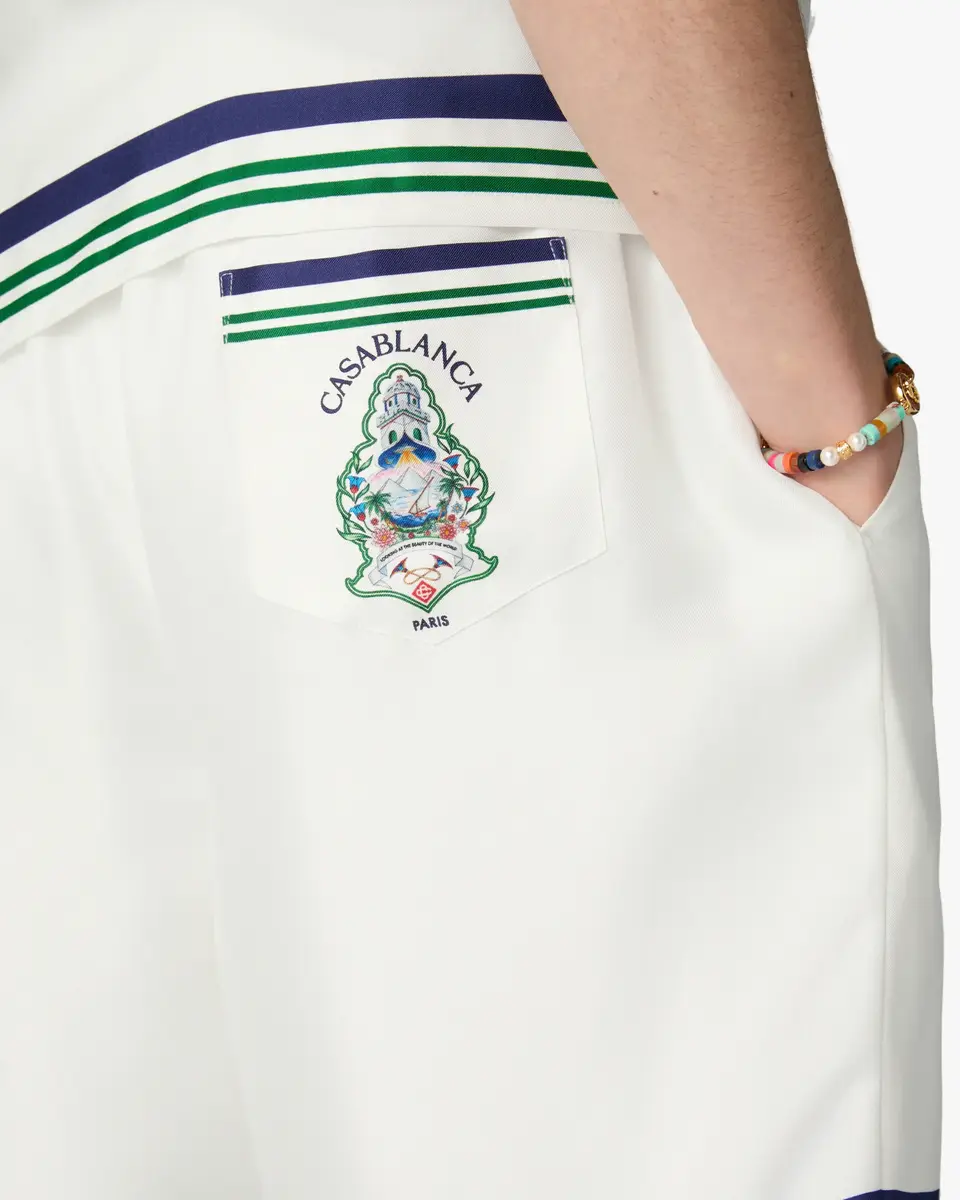 Casablanca White Hotel Emblem Silk Shorts in Blue | Thumbnail 5 Casablanca White Hotel Emblem Silk Shorts in Blue | Thumbnail 5