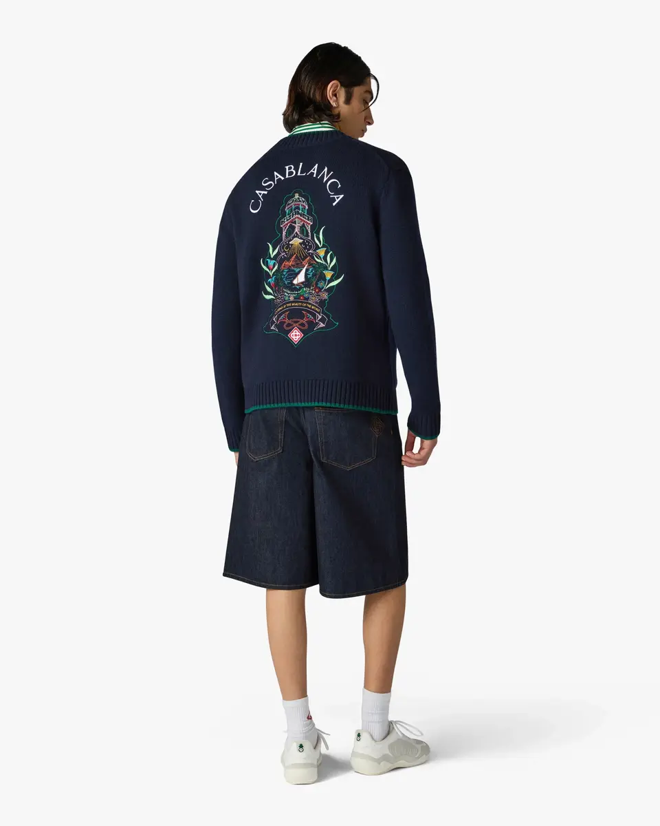 Casablanca Navy Hotel Emblem Embroidered Wool Cardigan in Green | Thumbnail 3