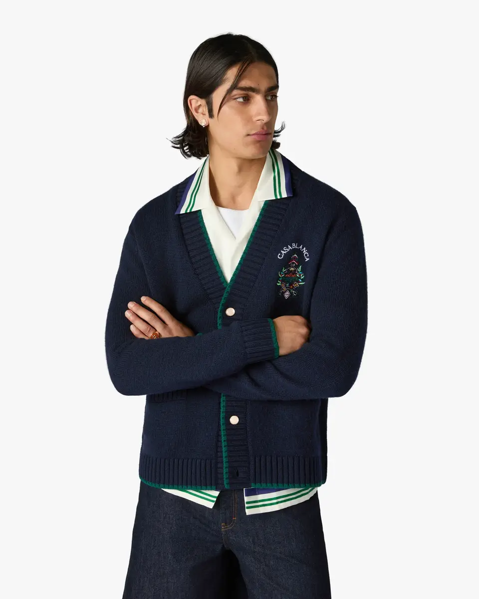 Casablanca Navy Hotel Emblem Embroidered Wool Cardigan in Green | Thumbnail 4