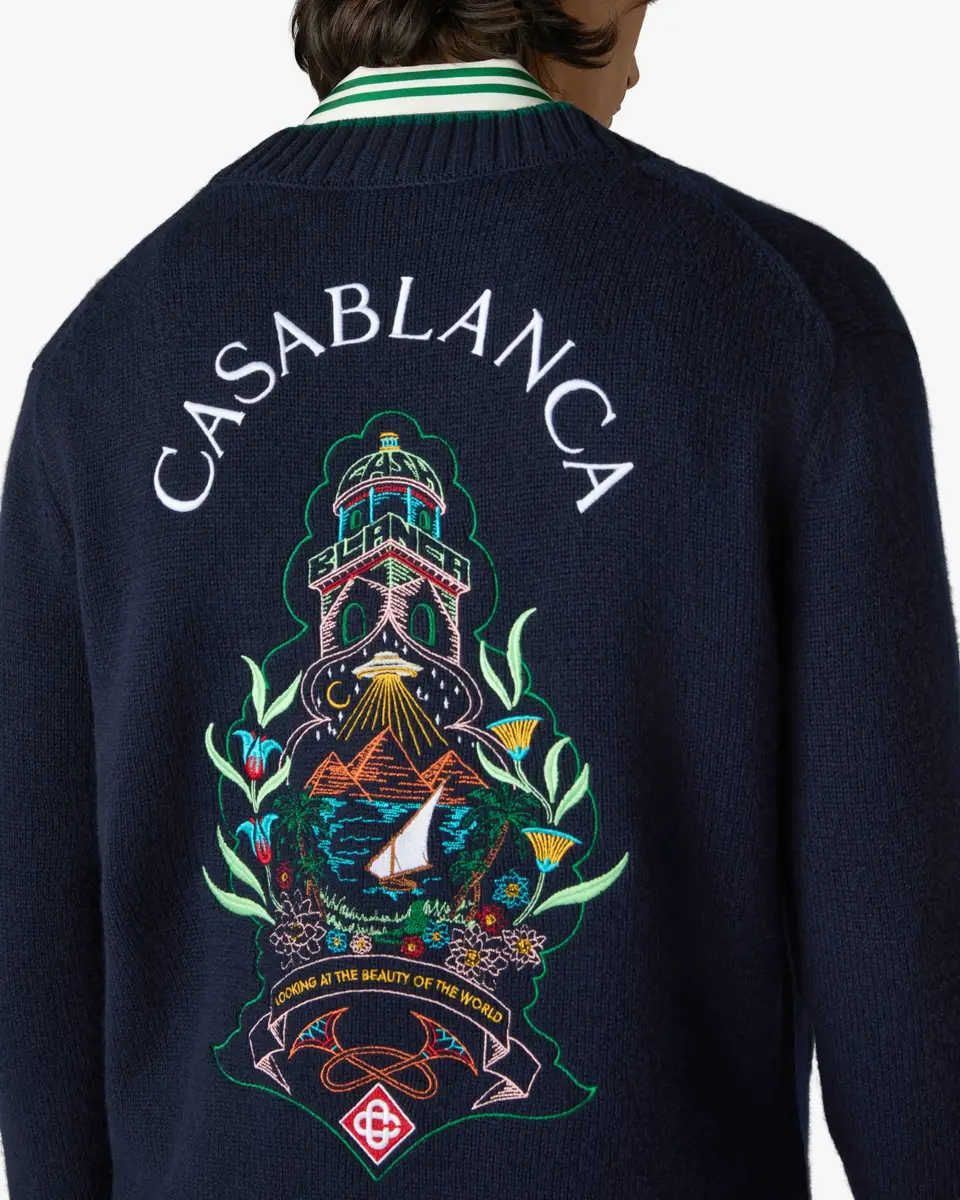 Casablanca Navy Hotel Emblem Embroidered Wool Cardigan in Green | Thumbnail 5