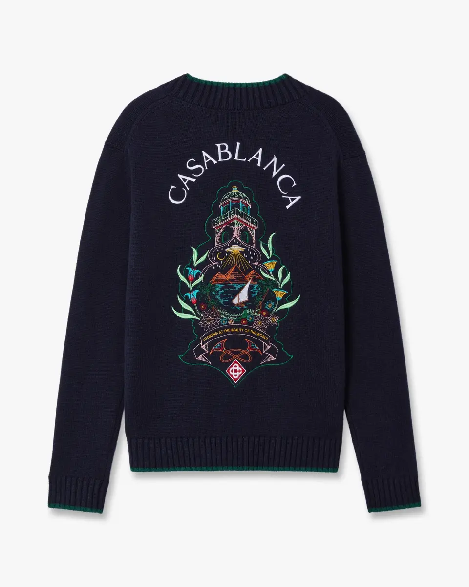 Casablanca Navy Hotel Emblem Embroidered Wool Cardigan in Green | Thumbnail 6