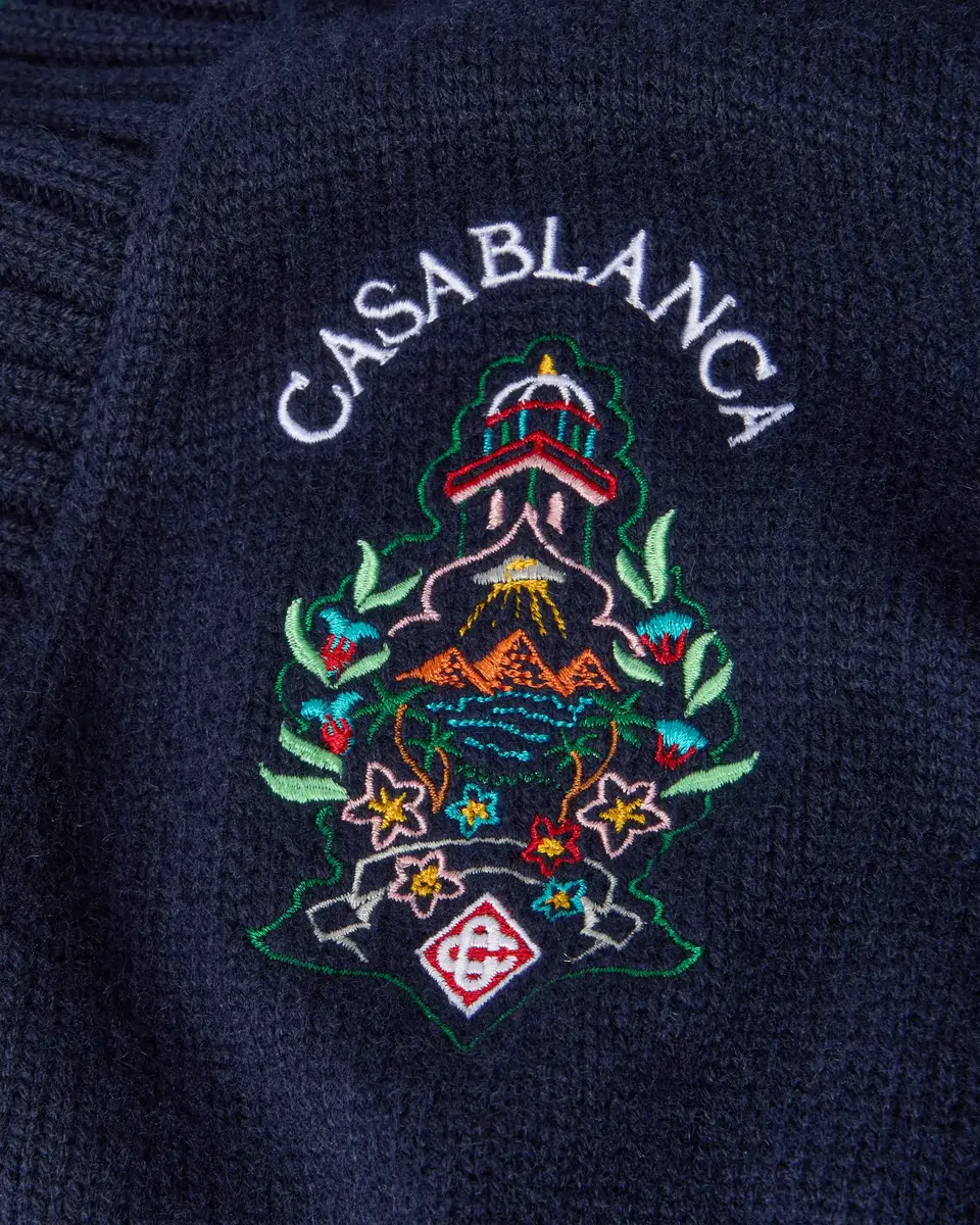 Casablanca Navy Hotel Emblem Embroidered Wool Cardigan in Green | Thumbnail 7