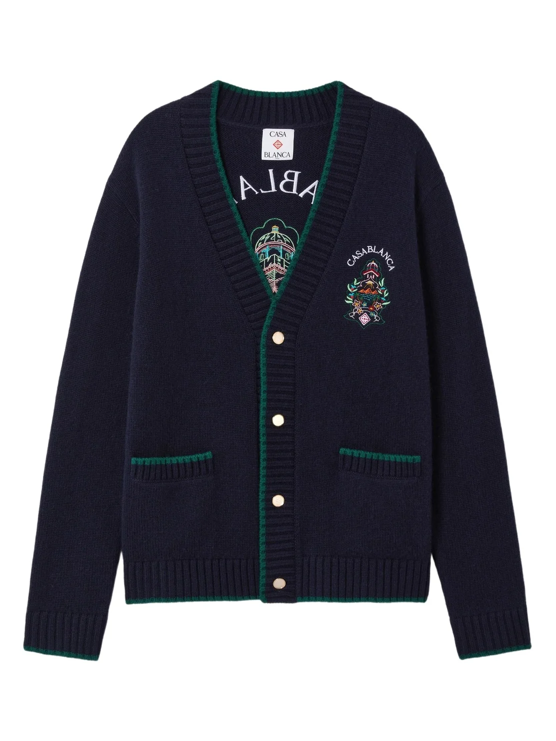 Casablanca Navy Hotel Emblem Embroidered Wool Cardigan in Green