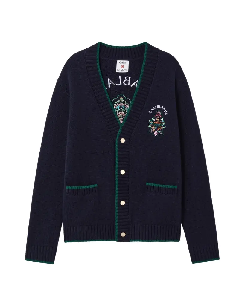 Casablanca Navy Hotel Emblem Embroidered Wool Cardigan in Green