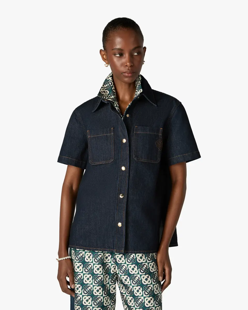 Casablanca Indigo Raw Denim Short Sleeve Shirt | Thumbnail 4 Casablanca Indigo Raw Denim Short Sleeve Shirt | Thumbnail 4