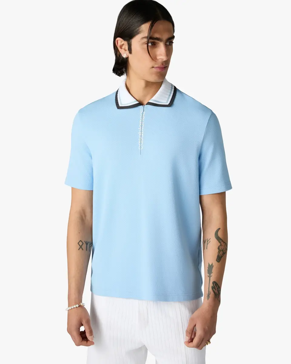 Casablanca Pale Blue Pique Quarter Zip Short Sleeve Polo Shirt | Thumbnail 4