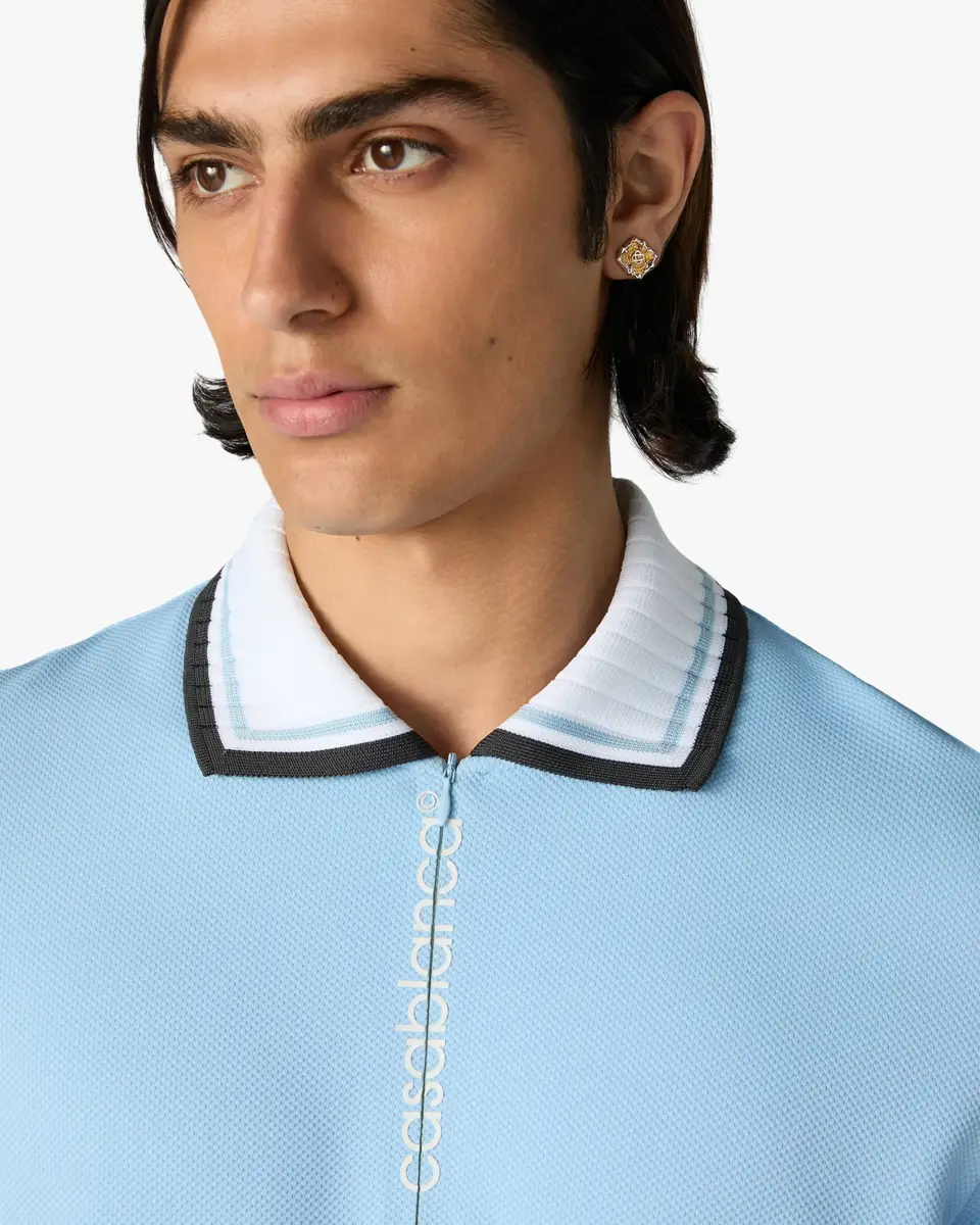Casablanca Pale Blue Pique Quarter Zip Short Sleeve Polo Shirt | Thumbnail 5