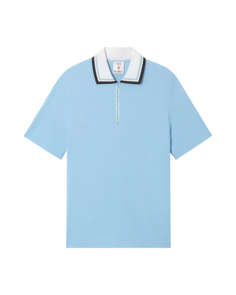 Casablanca Pale Blue Pique Quarter Zip Short Sleeve Polo Shirt