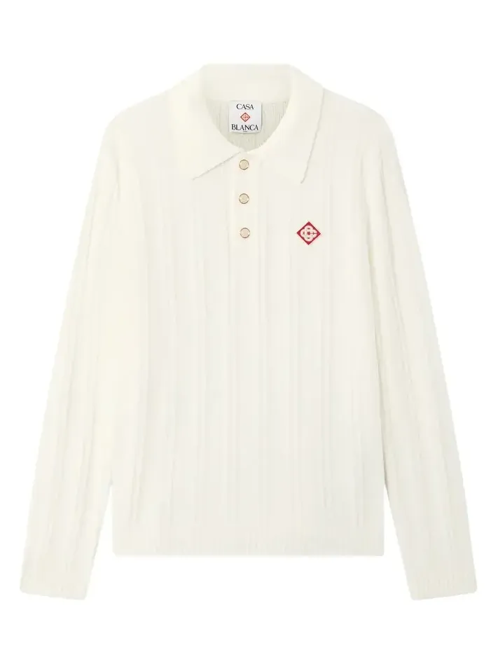 White Boucle Long Sleeve Polo Shirt