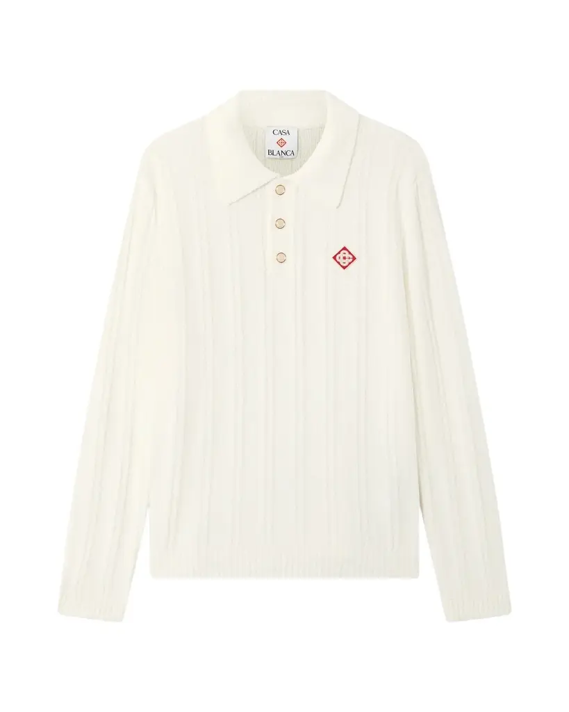 White Boucle Long Sleeve Polo Shirt White Boucle Long Sleeve Polo Shirt