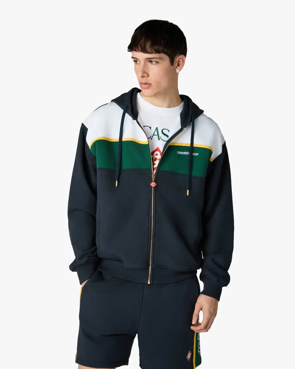Casablanca Navy & Green Panelled Zip-Up Hooded Sweatshirt | Thumbnail 4