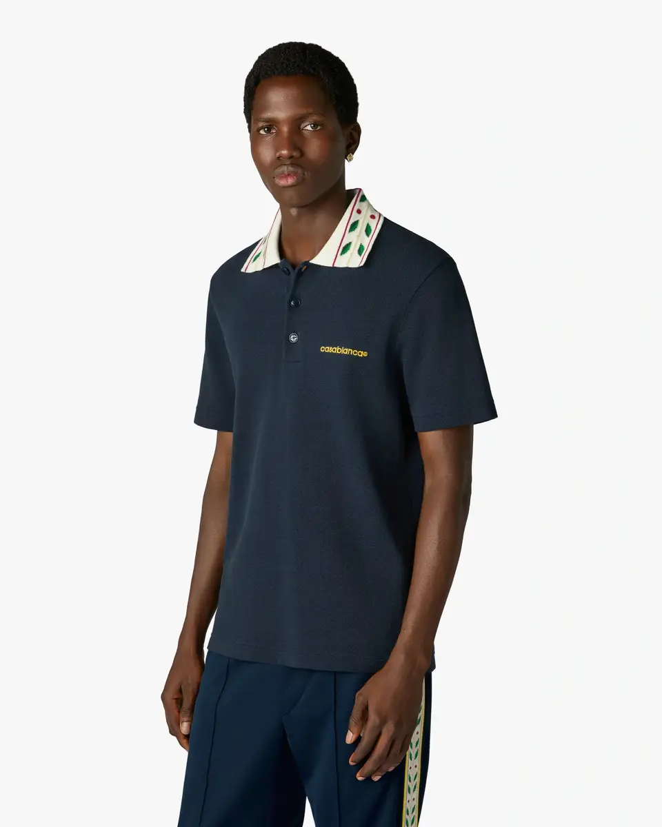Casablanca Navy Laurel Pique Short Sleeve Polo Shirt | Thumbnail 4 Casablanca Navy Laurel Pique Short Sleeve Polo Shirt | Thumbnail 4
