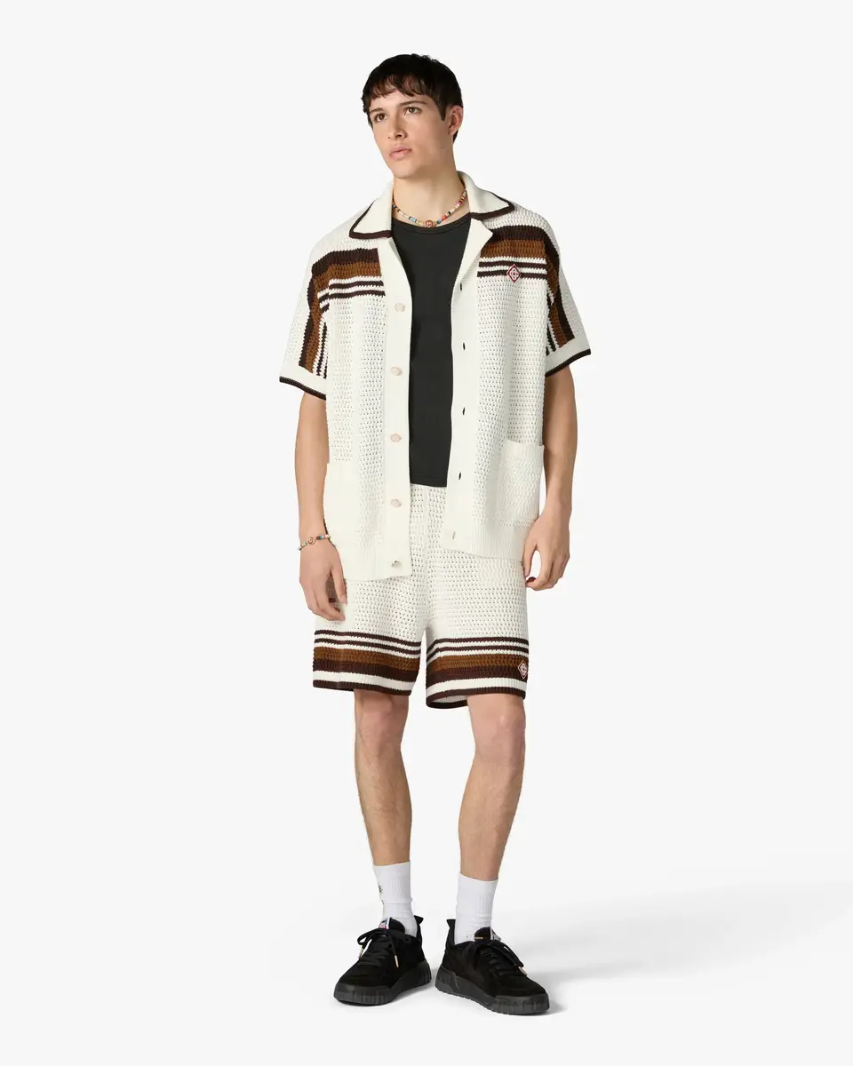 Casablanca White & Brown Tennis Stripe Crochet Short Sleeve Shirt | Thumbnail 2 Casablanca White & Brown Tennis Stripe Crochet Short Sleeve Shirt | Thumbnail 2