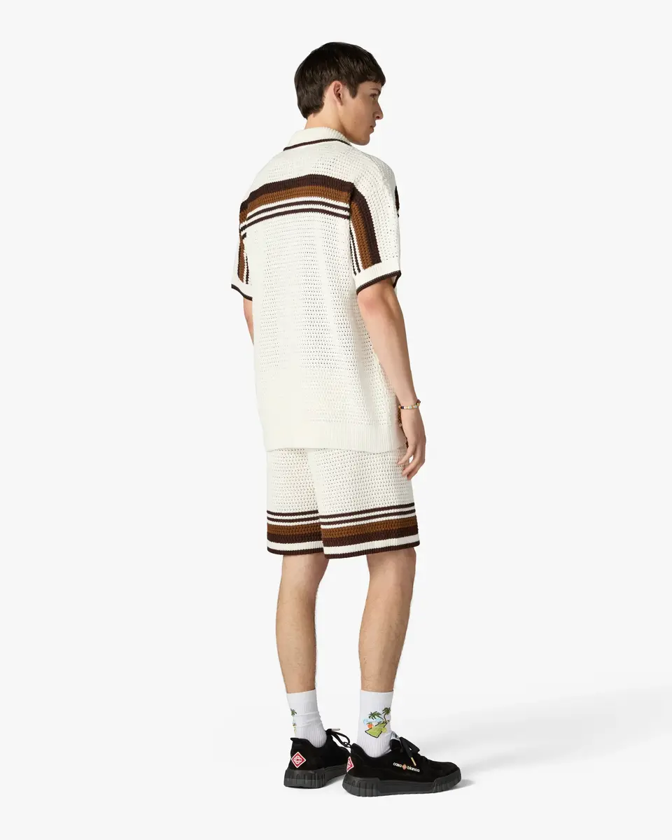 Casablanca White & Brown Tennis Stripe Crochet Short Sleeve Shirt | Thumbnail 3 Casablanca White & Brown Tennis Stripe Crochet Short Sleeve Shirt | Thumbnail 3