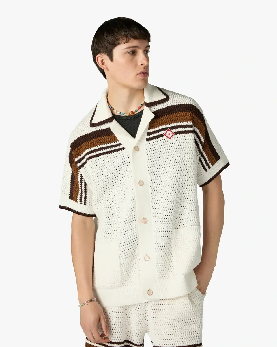 Casablanca White & Brown Tennis Stripe Crochet Short Sleeve Shirt | Thumbnail 4 Casablanca White & Brown Tennis Stripe Crochet Short Sleeve Shirt | Thumbnail 4