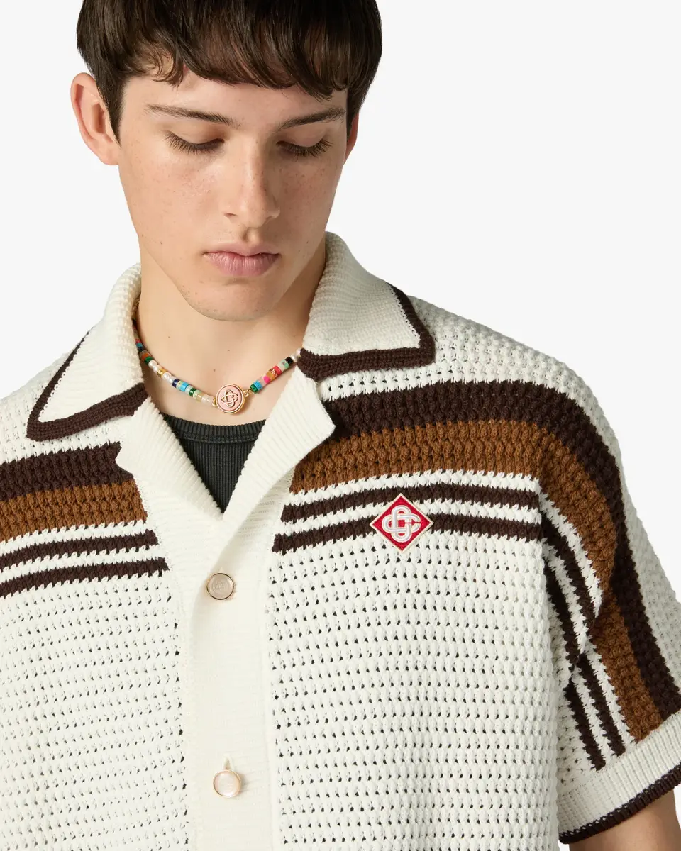 Casablanca White & Brown Tennis Stripe Crochet Short Sleeve Shirt | Thumbnail 5 Casablanca White & Brown Tennis Stripe Crochet Short Sleeve Shirt | Thumbnail 5