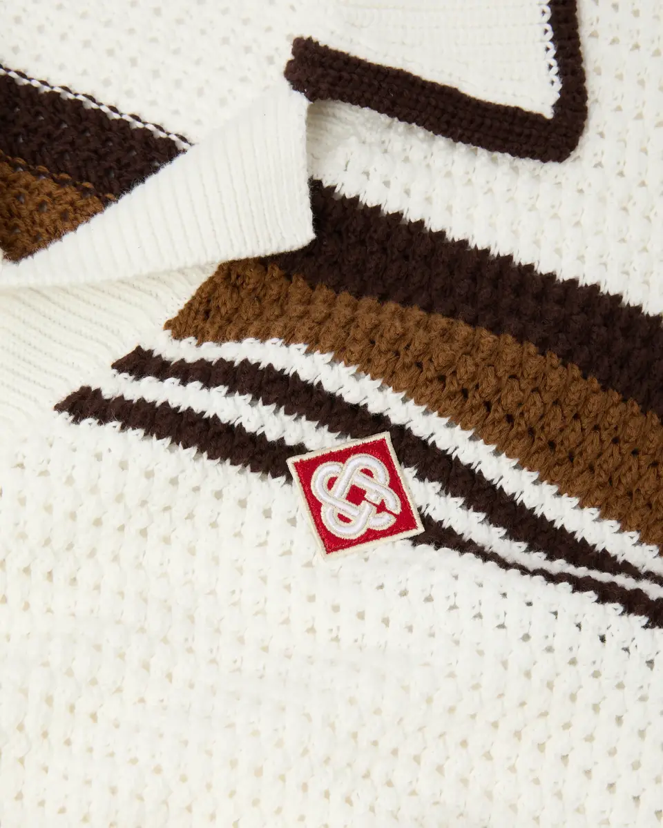 Casablanca White & Brown Tennis Stripe Crochet Short Sleeve Shirt | Thumbnail 6 Casablanca White & Brown Tennis Stripe Crochet Short Sleeve Shirt | Thumbnail 6