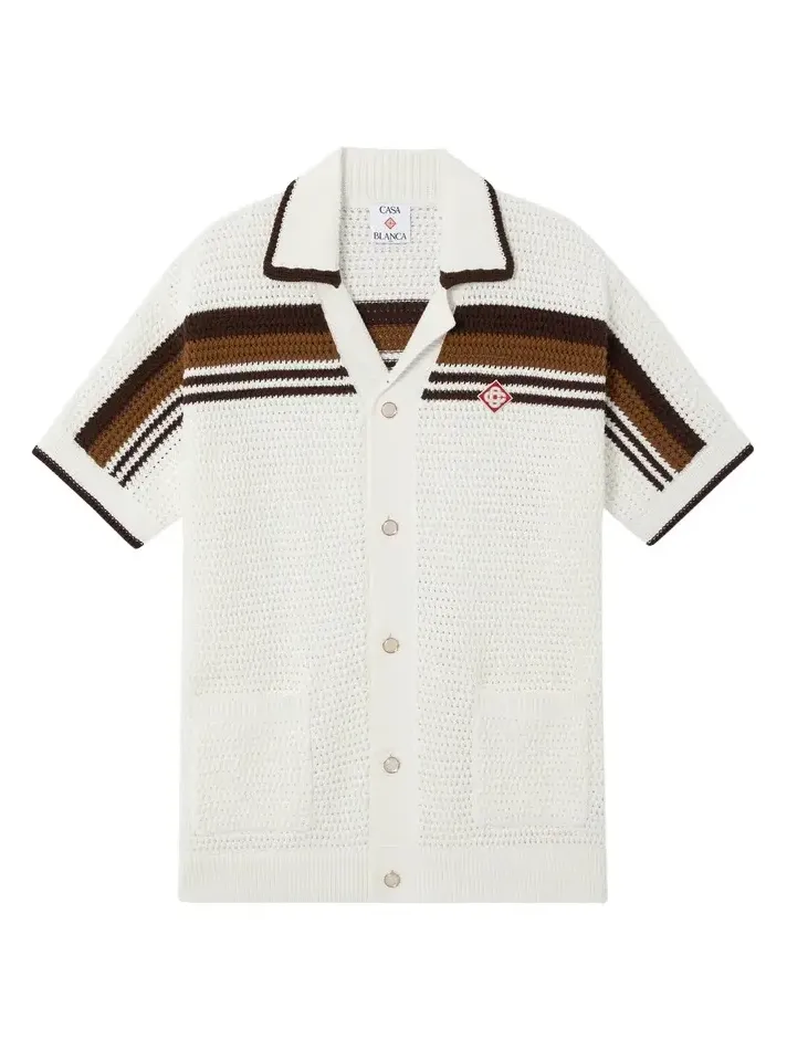 Casablanca White & Brown Tennis Stripe Crochet Short Sleeve Shirt