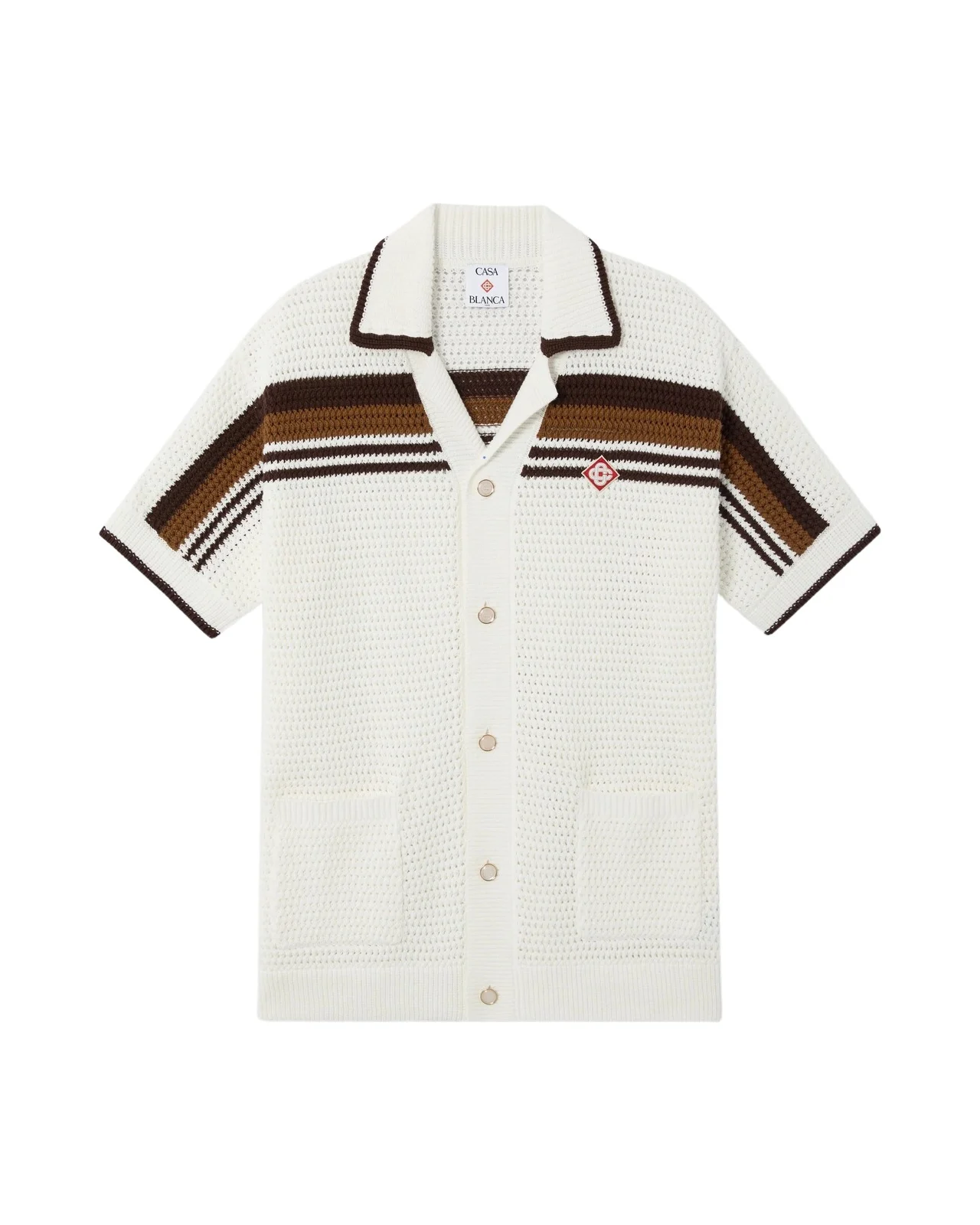 Casablanca White & Brown Tennis Stripe Crochet Short Sleeve Shirt