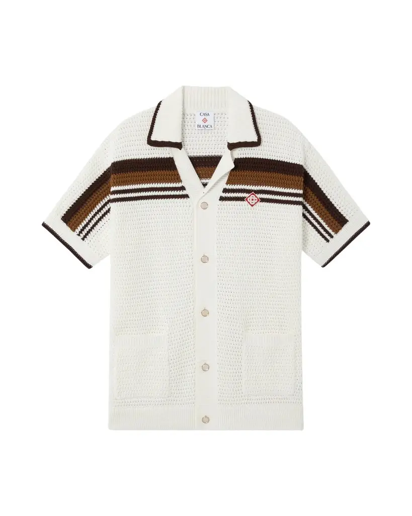 Casablanca White & Brown Tennis Stripe Crochet Short Sleeve Shirt