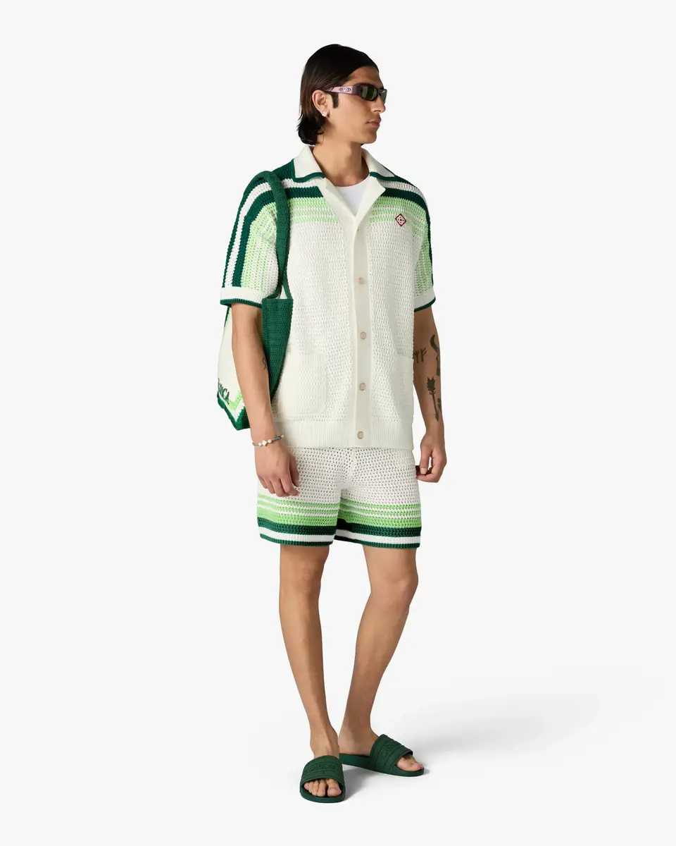Casablanca Green & White Tennis Stripe Crochet Short Sleeve Shirt | Thumbnail 2 Casablanca Green & White Tennis Stripe Crochet Short Sleeve Shirt | Thumbnail 2