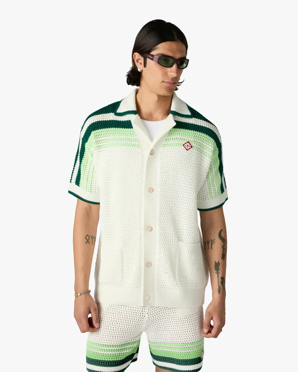 Casablanca Green & White Tennis Stripe Crochet Short Sleeve Shirt | Thumbnail 4 Casablanca Green & White Tennis Stripe Crochet Short Sleeve Shirt | Thumbnail 4