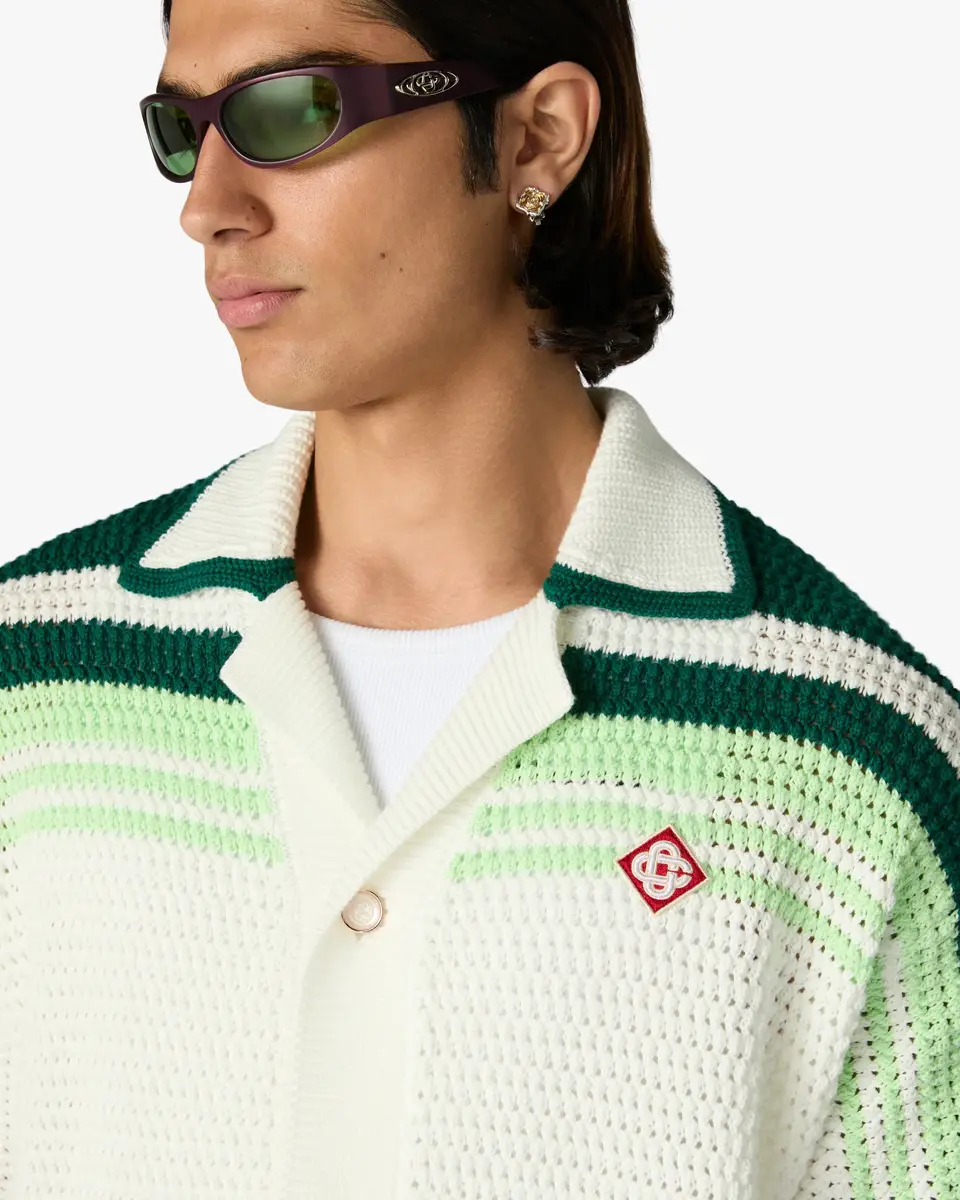 Casablanca Green & White Tennis Stripe Crochet Short Sleeve Shirt | Thumbnail 5 Casablanca Green & White Tennis Stripe Crochet Short Sleeve Shirt | Thumbnail 5