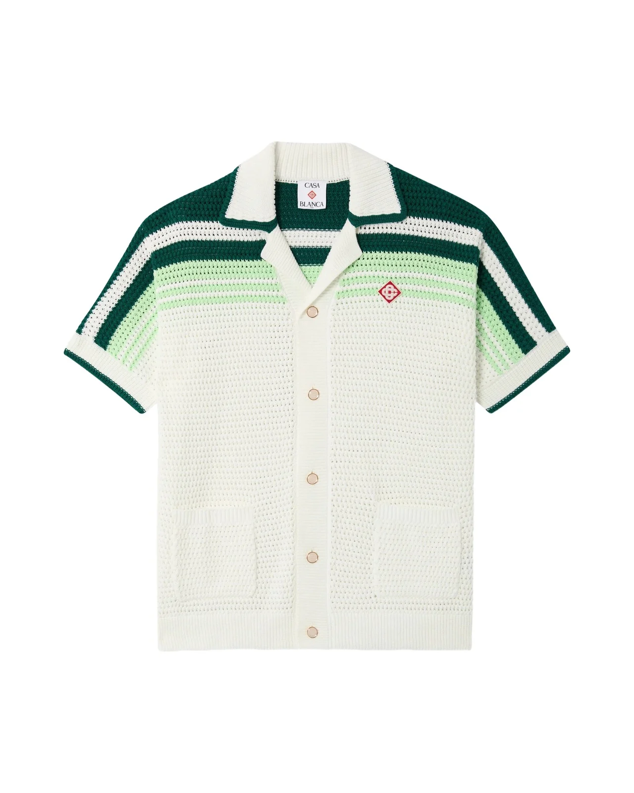 Casablanca Green & White Tennis Stripe Crochet Short Sleeve Shirt