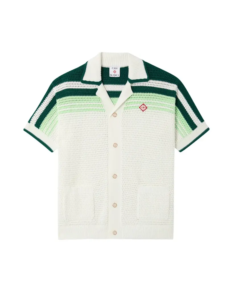 Casablanca Green & White Tennis Stripe Crochet Short Sleeve Shirt