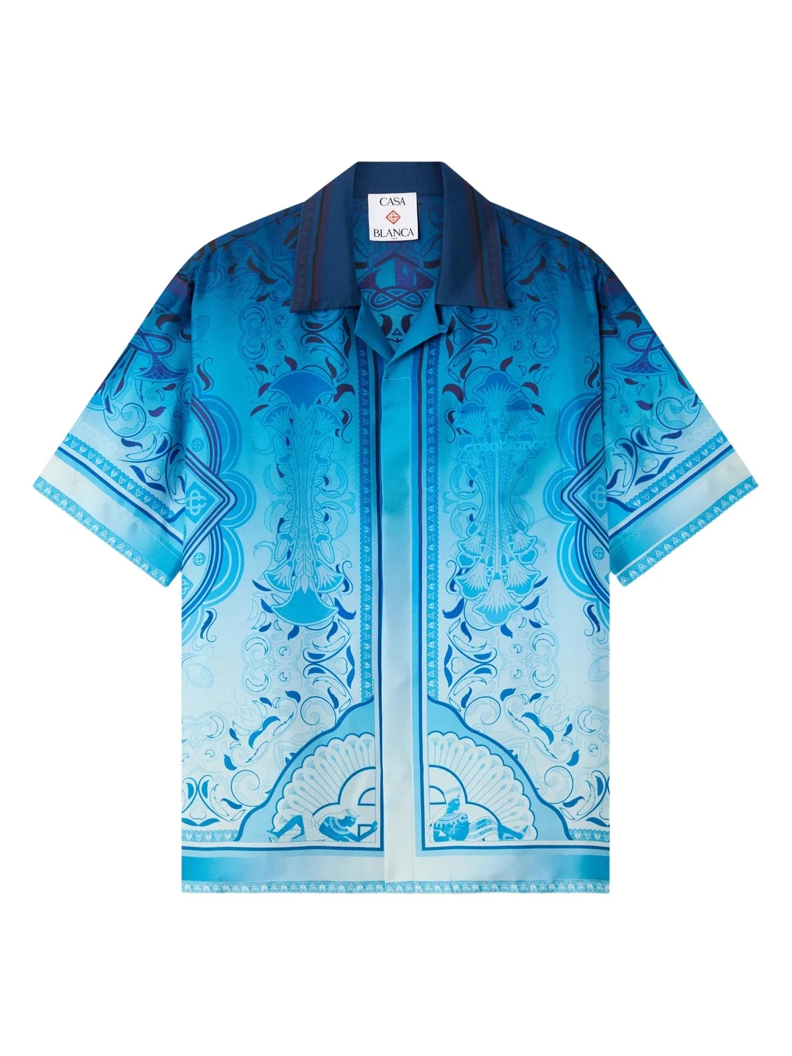 Blue Gradient Egyptian Rug Short Sleeve Silk Shirt