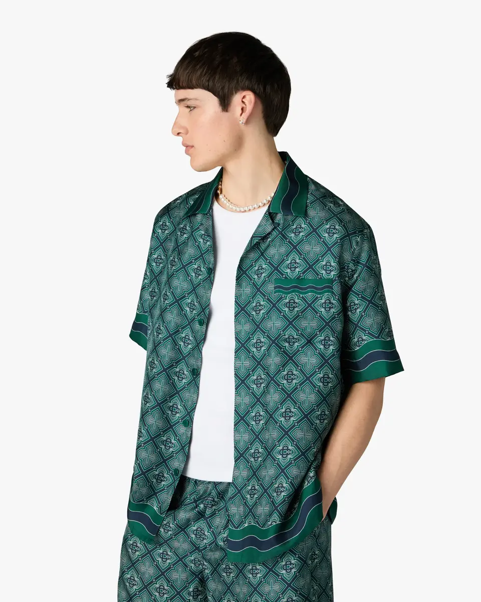 Casablanca Dark Green Radiating Monogram Short Sleeve Silk Shirt | Thumbnail 4 Casablanca Dark Green Radiating Monogram Short Sleeve Silk Shirt | Thumbnail 4