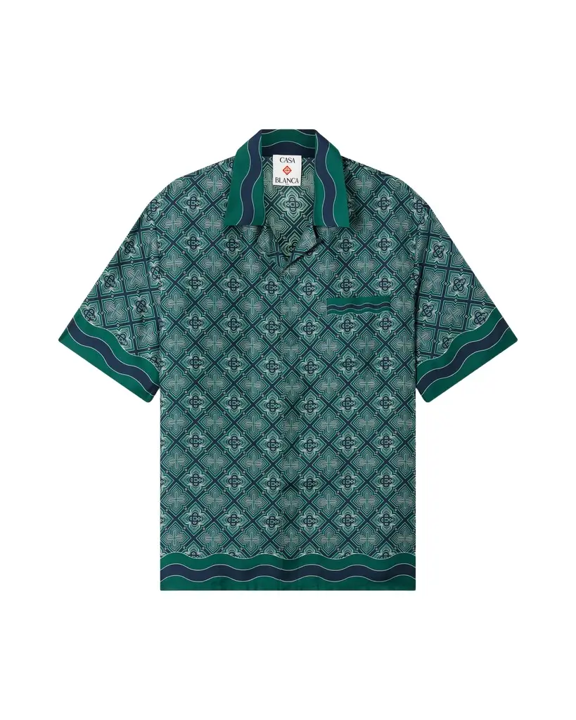 Dark Green Radiating Monogram Short Sleeve Silk Shirt Dark Green Radiating Monogram Short Sleeve Silk Shirt