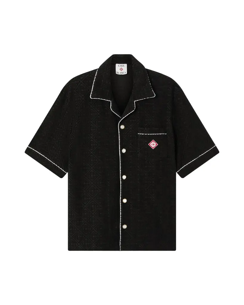 Black Towelling Monogram Short Sleeve Shirt in White