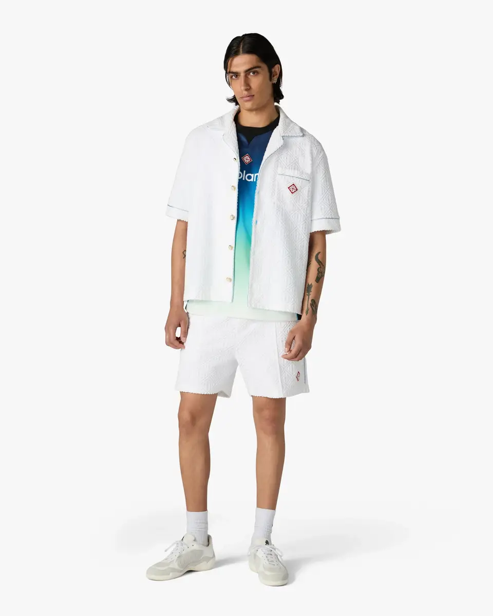 Casablanca White Towelling Monogram Short Sleeve Shirt in Blue | Thumbnail 2 Casablanca White Towelling Monogram Short Sleeve Shirt in Blue | Thumbnail 2
