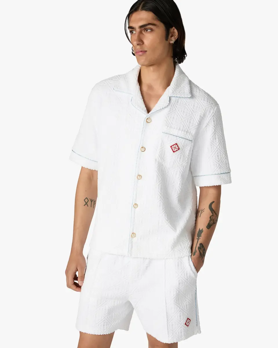 Casablanca White Towelling Monogram Short Sleeve Shirt in Blue | Thumbnail 4 Casablanca White Towelling Monogram Short Sleeve Shirt in Blue | Thumbnail 4