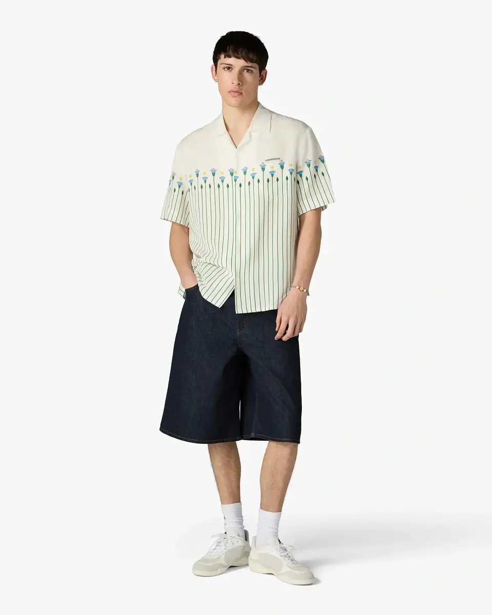 Casablanca Green Linen Floral Stripe Sporty Short Sleeve Shirt | Thumbnail 2 Casablanca Green Linen Floral Stripe Sporty Short Sleeve Shirt | Thumbnail 2