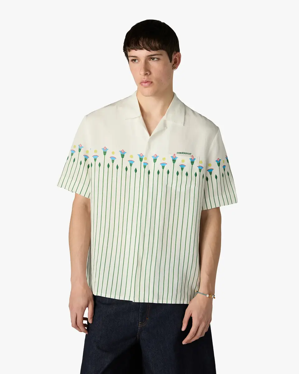 Casablanca Green Linen Floral Stripe Sporty Short Sleeve Shirt | Thumbnail 4 Casablanca Green Linen Floral Stripe Sporty Short Sleeve Shirt | Thumbnail 4