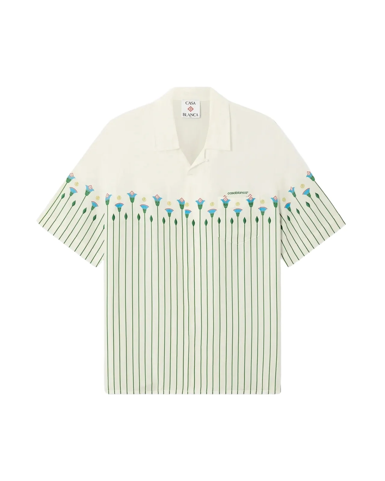Casablanca Green Linen Floral Stripe Sporty Short Sleeve Shirt