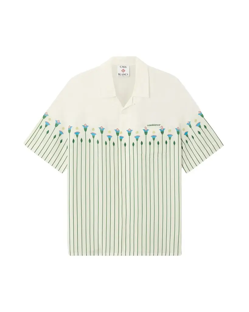 Casablanca Green Linen Floral Stripe Sporty Short Sleeve Shirt