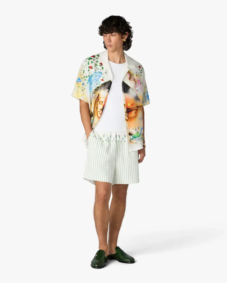 Casablanca Green Floral Stripe Sporty Linen Shorts | Thumbnail 2 Casablanca Green Floral Stripe Sporty Linen Shorts | Thumbnail 2