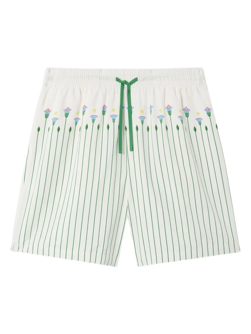 Casablanca Green Floral Stripe Sporty Linen Shorts