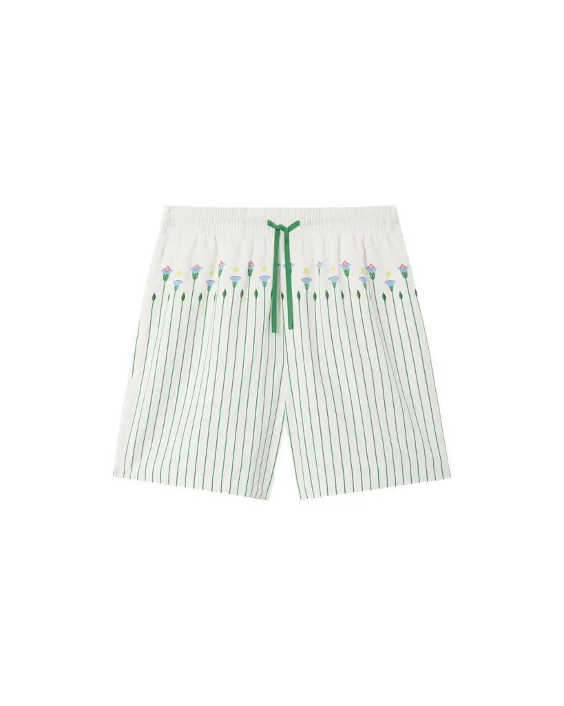 Casablanca Green Floral Stripe Sporty Linen Shorts