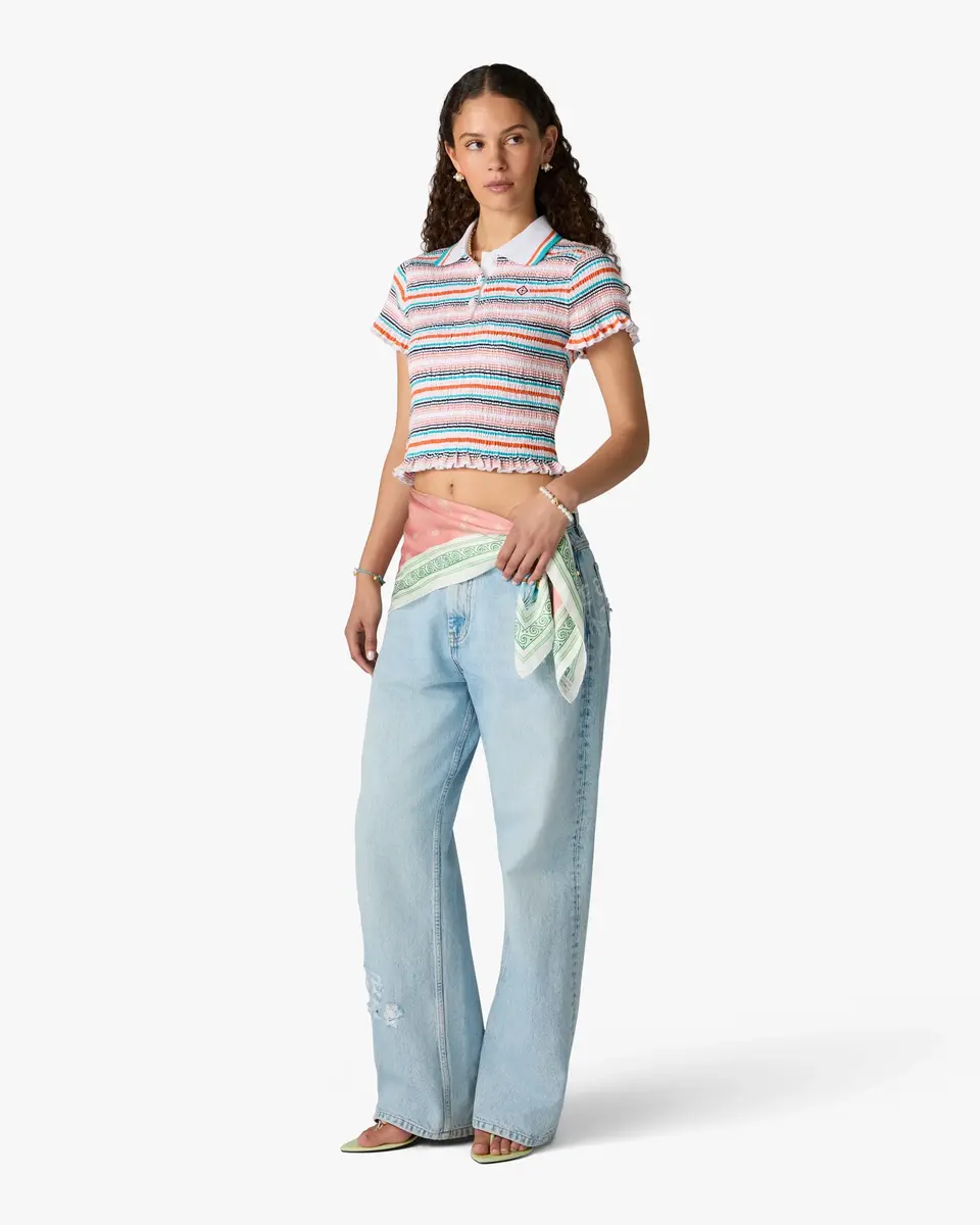 Casablanca Multicolour Striped Shirred Short Sleeve Polo Shirt | Thumbnail 2 Casablanca Multicolour Striped Shirred Short Sleeve Polo Shirt | Thumbnail 2
