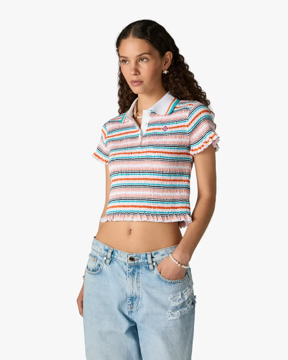 Casablanca Multicolour Striped Shirred Short Sleeve Polo Shirt | Thumbnail 4 Casablanca Multicolour Striped Shirred Short Sleeve Polo Shirt | Thumbnail 4