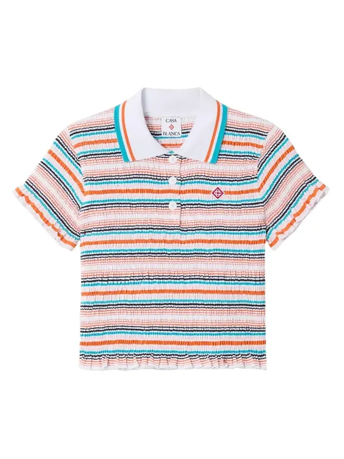 Multicolour Striped Shirred Short Sleeve Polo Shirt