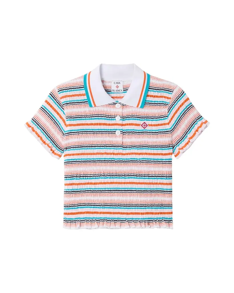 Multicolour Striped Shirred Short Sleeve Polo Shirt Multicolour Striped Shirred Short Sleeve Polo Shirt