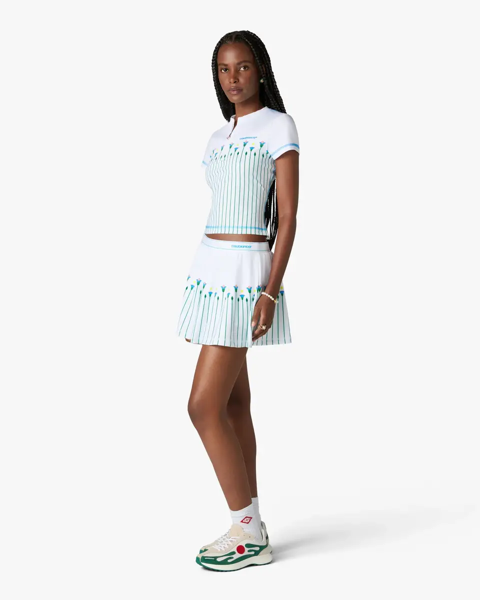Casablanca White Floral Stripe Sporty Quarter Zip Tennis Top in Green | Thumbnail 2 Casablanca White Floral Stripe Sporty Quarter Zip Tennis Top in Green | Thumbnail 2