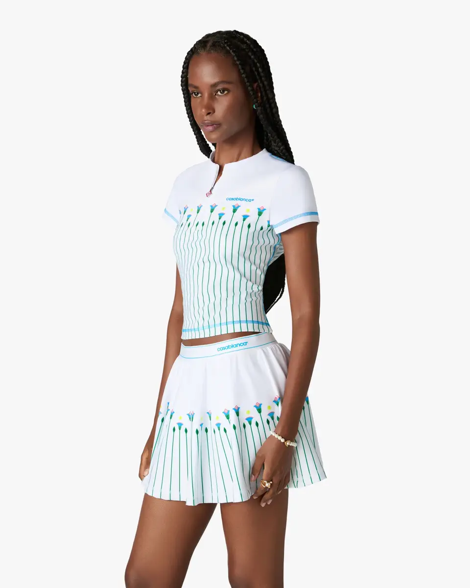 Casablanca White Floral Stripe Sporty Quarter Zip Tennis Top in Green | Thumbnail 4 Casablanca White Floral Stripe Sporty Quarter Zip Tennis Top in Green | Thumbnail 4