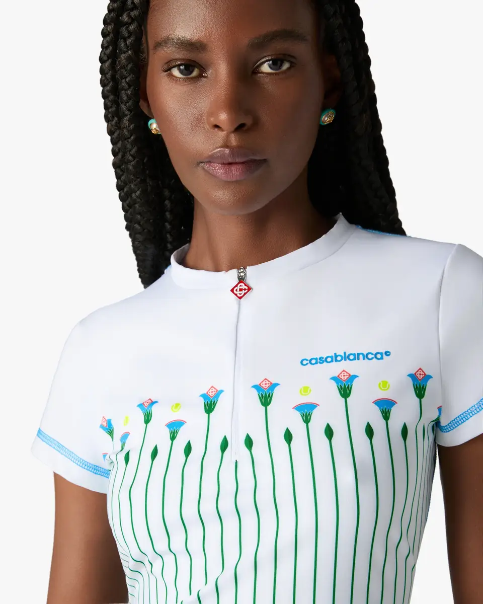 Casablanca White Floral Stripe Sporty Quarter Zip Tennis Top in Green | Thumbnail 5 Casablanca White Floral Stripe Sporty Quarter Zip Tennis Top in Green | Thumbnail 5