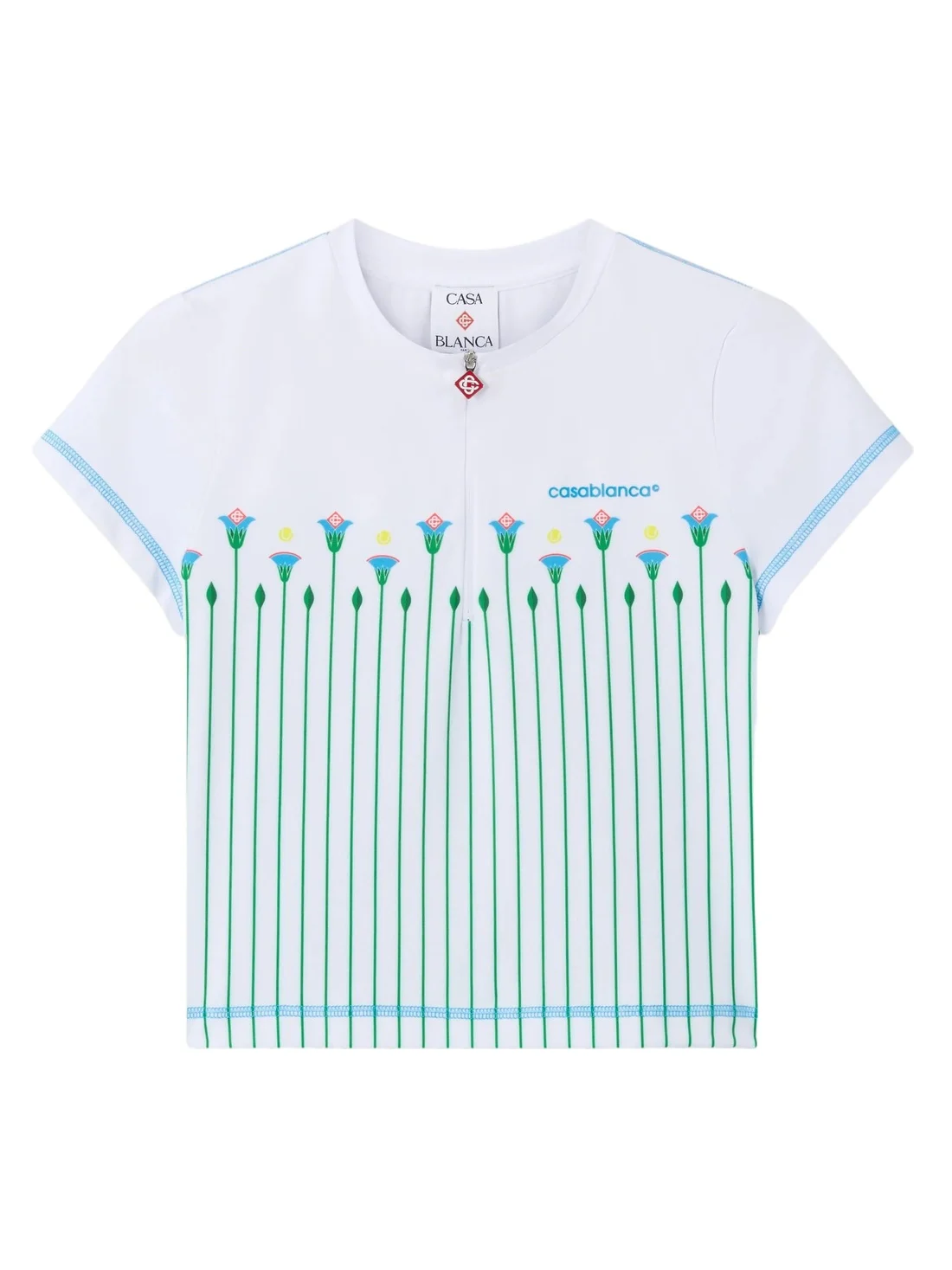 Casablanca White Floral Stripe Sporty Quarter Zip Tennis Top in Green
